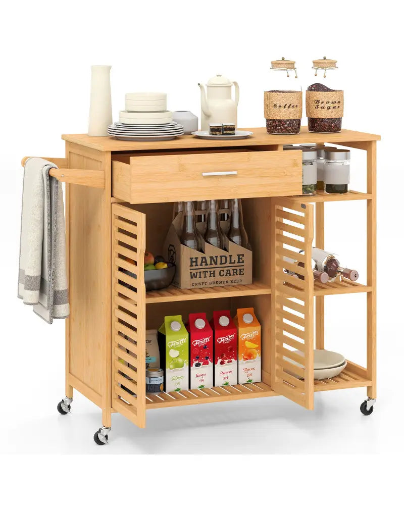 Kitchen Island Cart on Wheels with Sturdy Bamboo Frame-Natural - Natural - Kitchen Islands & Carts