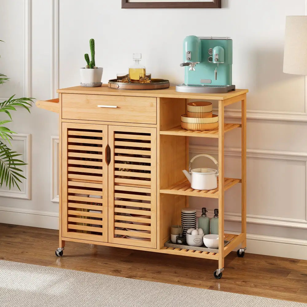 Kitchen Island Cart on Wheels with Sturdy Bamboo Frame-Natural - Natural - Kitchen Islands & Carts