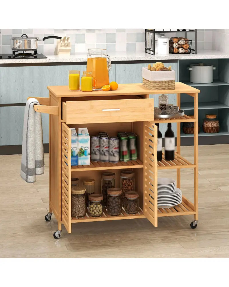 Kitchen Island Cart on Wheels with Sturdy Bamboo Frame-Natural - Natural - Kitchen Islands & Carts