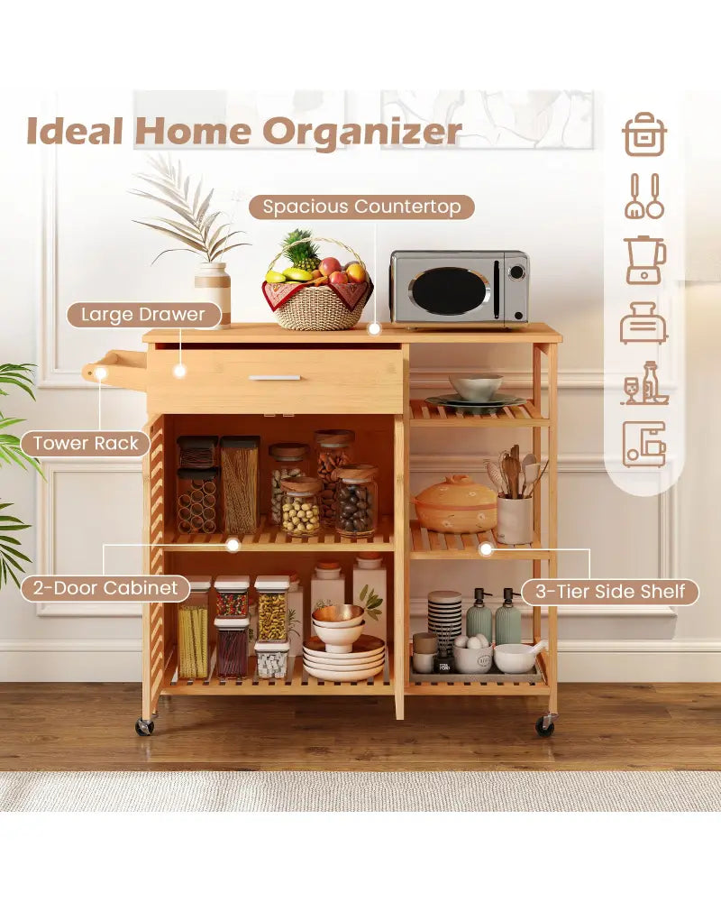 Kitchen Island Cart on Wheels with Sturdy Bamboo Frame-Natural - Natural - Kitchen Islands & Carts