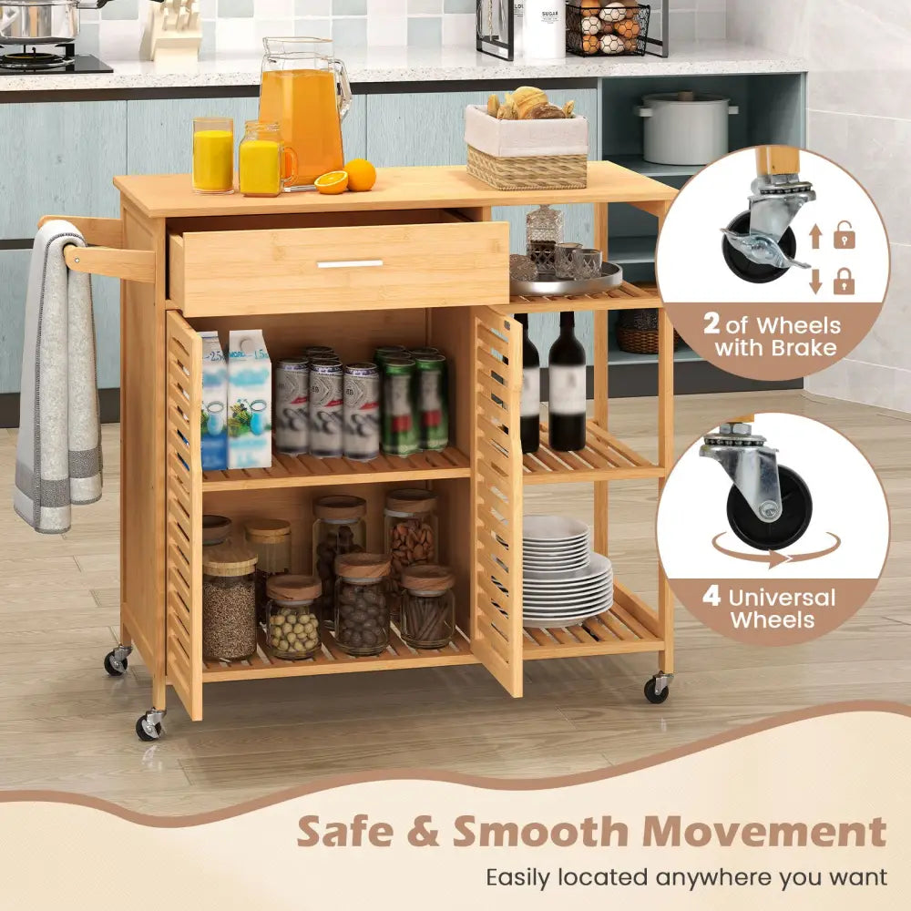 Kitchen Island Cart on Wheels with Sturdy Bamboo Frame-Natural - Natural - Kitchen Islands & Carts