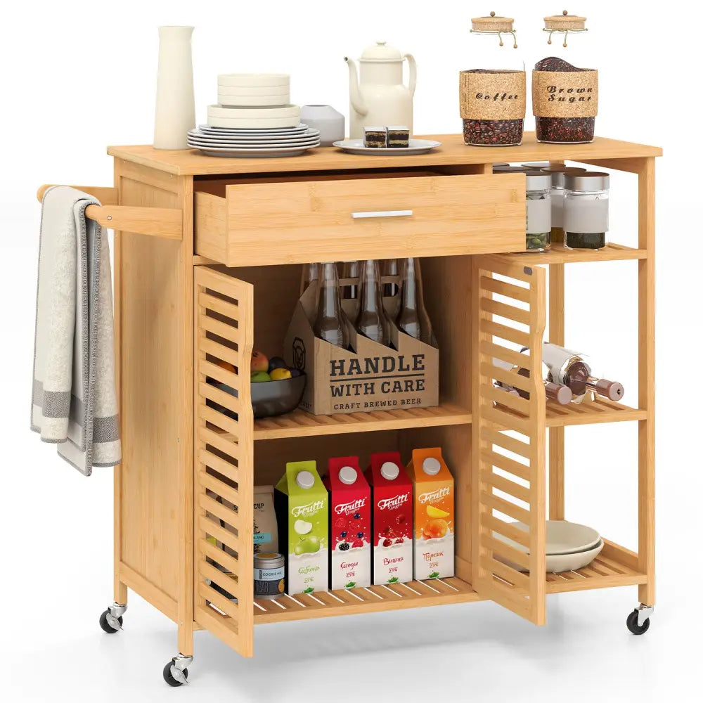Kitchen Island Cart on Wheels with Sturdy Bamboo Frame-Natural - Natural - Kitchen Islands & Carts