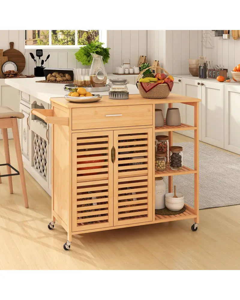 Kitchen Island Cart on Wheels with Sturdy Bamboo Frame-Natural - Natural - Kitchen Islands & Carts