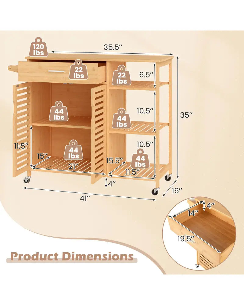 Kitchen Island Cart on Wheels with Sturdy Bamboo Frame-Natural - Natural - Kitchen Islands & Carts