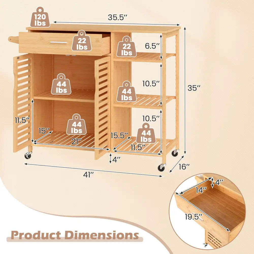 Kitchen Island Cart on Wheels with Sturdy Bamboo Frame-Natural - Natural - Kitchen Islands & Carts