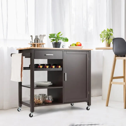 Kitchen Island Cart Rolling Serving Cart Wood Trolley-Brown - Brown - Kitchen Islands & Carts