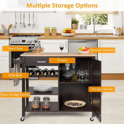Kitchen Island Cart Rolling Serving Cart Wood Trolley-Brown - Brown - Kitchen Islands & Carts