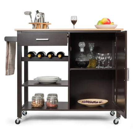 Kitchen Island Cart Rolling Serving Cart Wood Trolley-Brown - Brown - Kitchen Islands & Carts