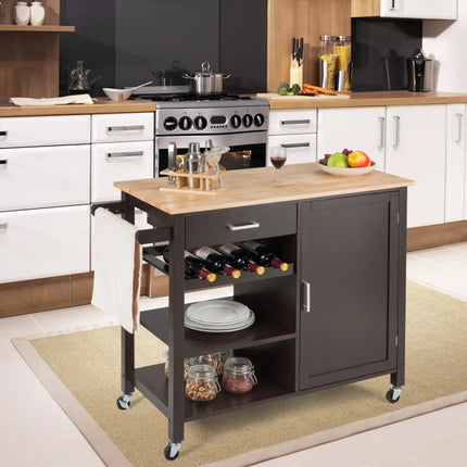 Kitchen Island Cart Rolling Serving Cart Wood Trolley-Brown - Brown - Kitchen Islands & Carts