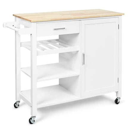 Kitchen Island Cart Rolling Serving Cart Wood Trolley-White - White - Kitchen Islands & Carts