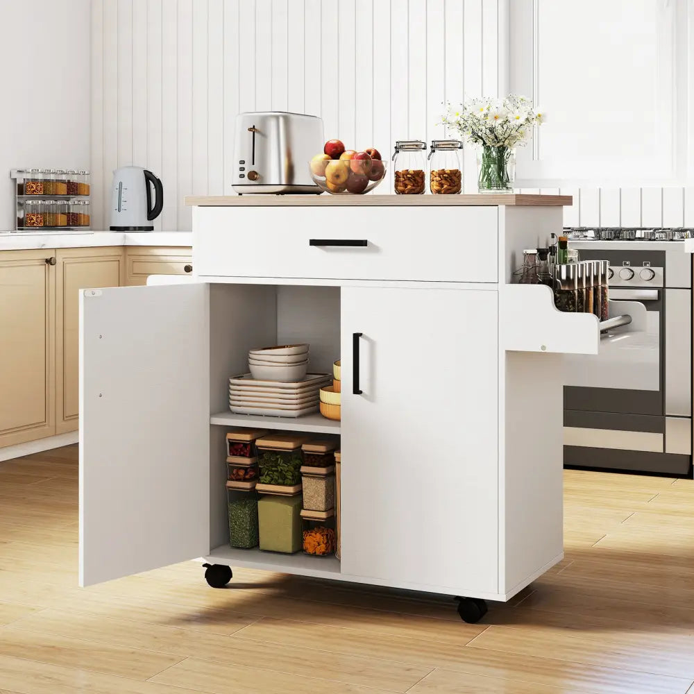 Kitchen Island Cart Rolling Kitchen Storage Island with Drawer-White - White - Kitchen Islands & Carts
