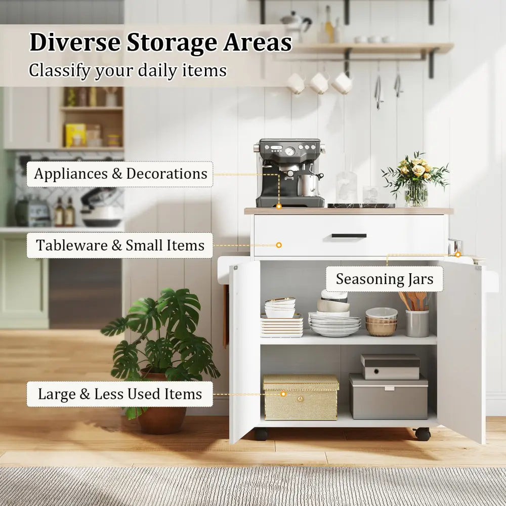 Kitchen Island Cart Rolling Kitchen Storage Island with Drawer-White - White - Kitchen Islands & Carts