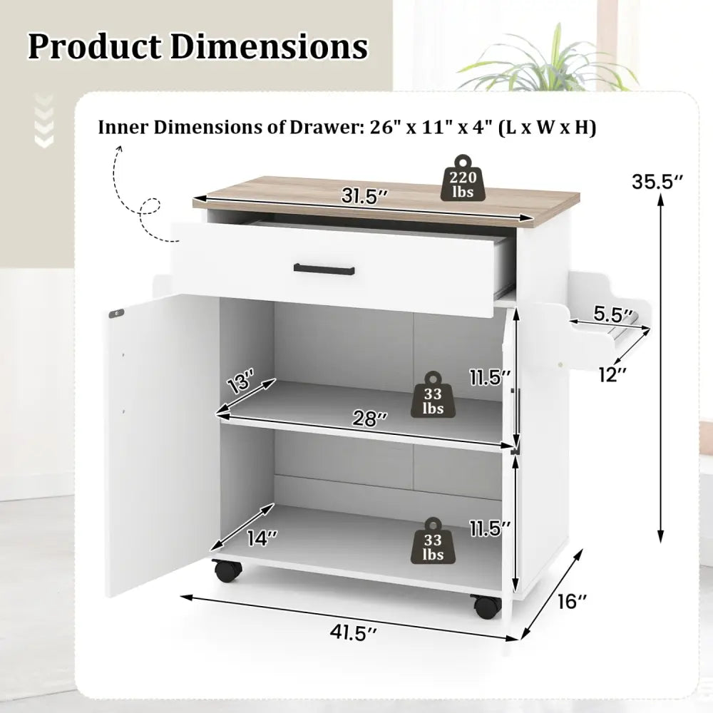 Kitchen Island Cart Rolling Kitchen Storage Island with Drawer-White - White - Kitchen Islands & Carts