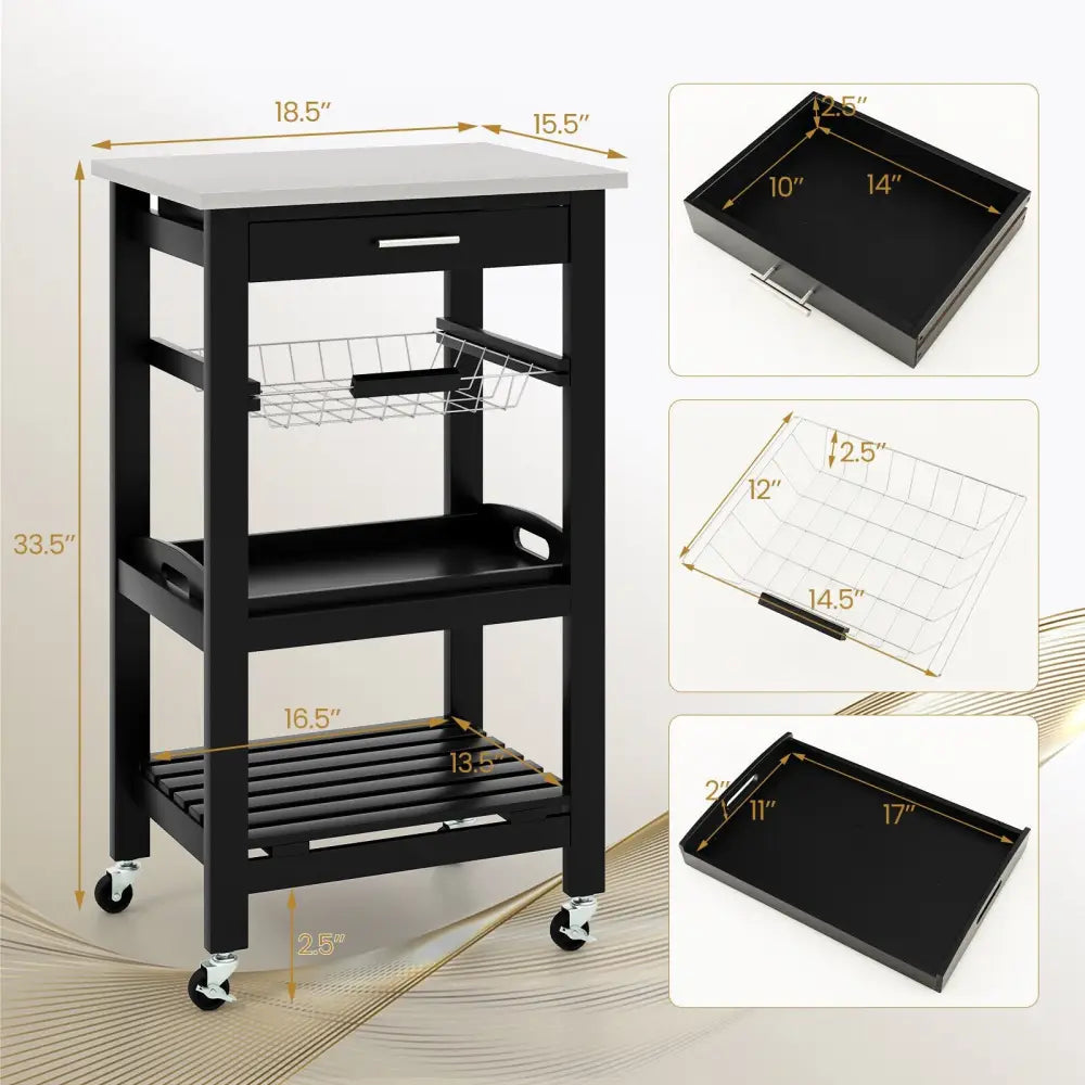 Kitchen Island Cart with Stainless Steel Tabletop and Basket-Black - Black - Kitchen Islands & Carts