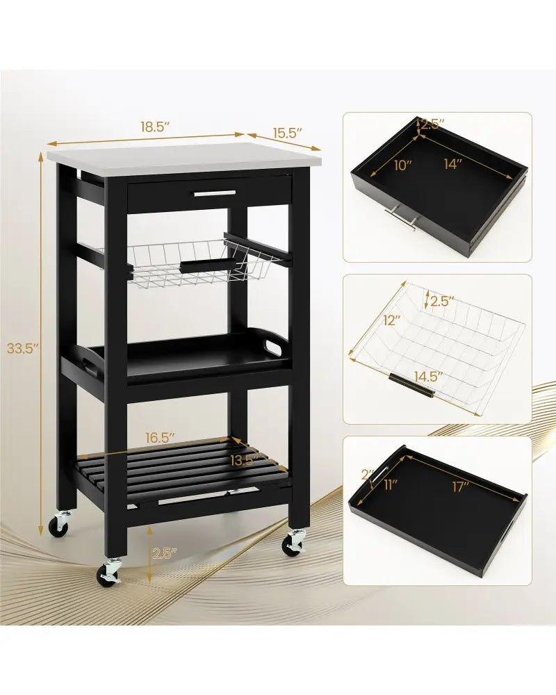 Kitchen Island Cart with Stainless Steel Tabletop and Basket-Black - Black - Kitchen Islands & Carts