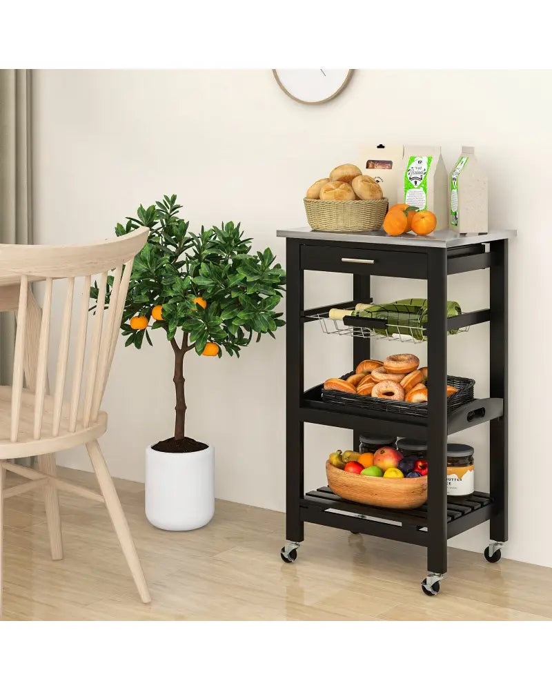 Kitchen Island Cart with Stainless Steel Tabletop and Basket-Black - Black - Kitchen Islands & Carts