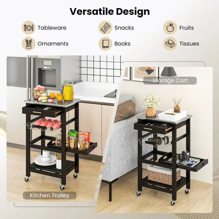 Kitchen Island Cart with Stainless Steel Tabletop and Basket-Black - Black - Kitchen Islands & Carts