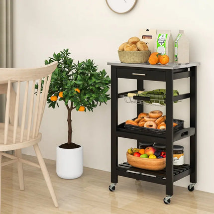 Kitchen Island Cart with Stainless Steel Tabletop and Basket-Black - Black - Kitchen Islands & Carts