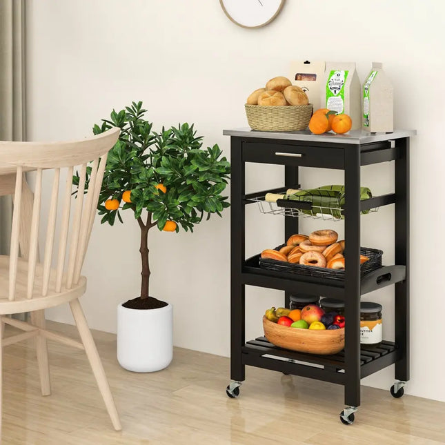 Kitchen Island Cart with Stainless Steel Tabletop and Basket-Black - Black - Kitchen Islands & Carts