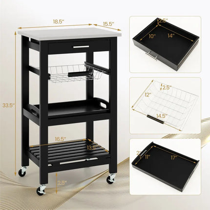 Kitchen Island Cart with Stainless Steel Tabletop and Basket-Black - Black - Kitchen Islands & Carts
