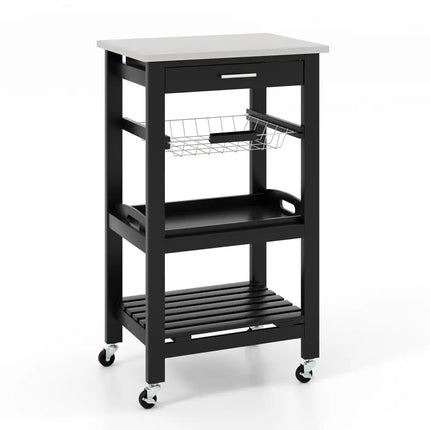 Kitchen Island Cart with Stainless Steel Tabletop and Basket-Black - Black - Kitchen Islands & Carts