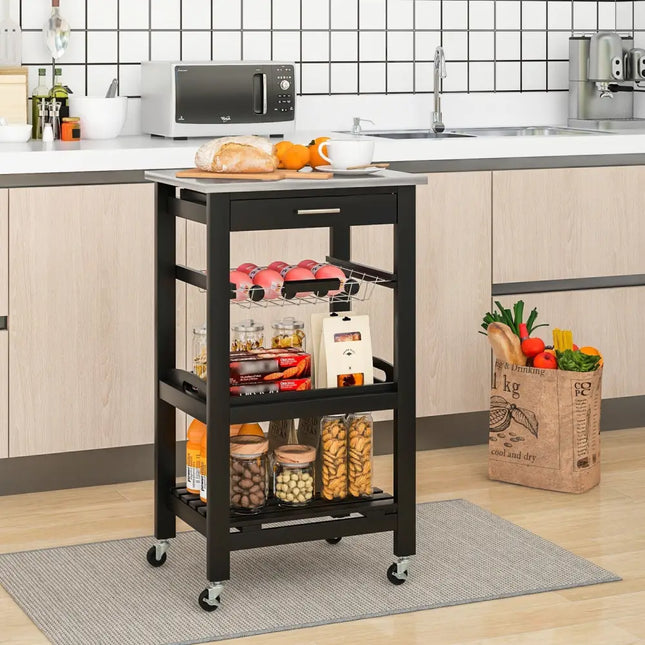 Kitchen Island Cart with Stainless Steel Tabletop and Basket-Black - Black - Kitchen Islands & Carts