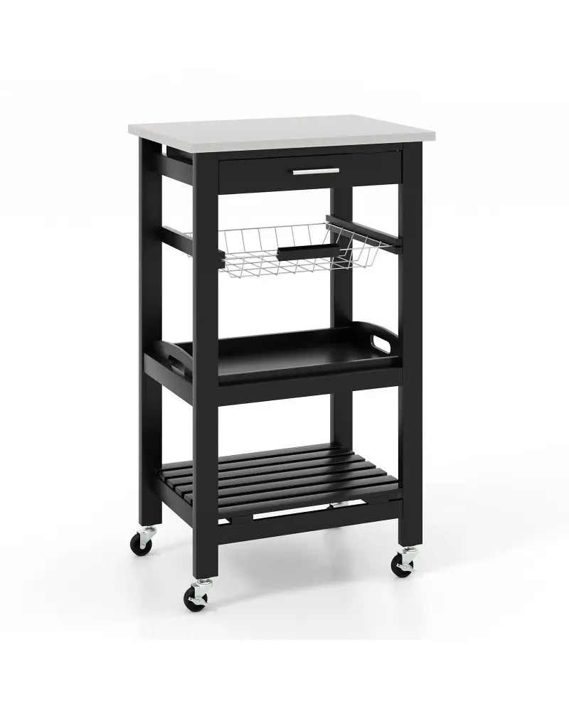 Kitchen Island Cart with Stainless Steel Tabletop and Basket-Black - Black - Kitchen Islands & Carts
