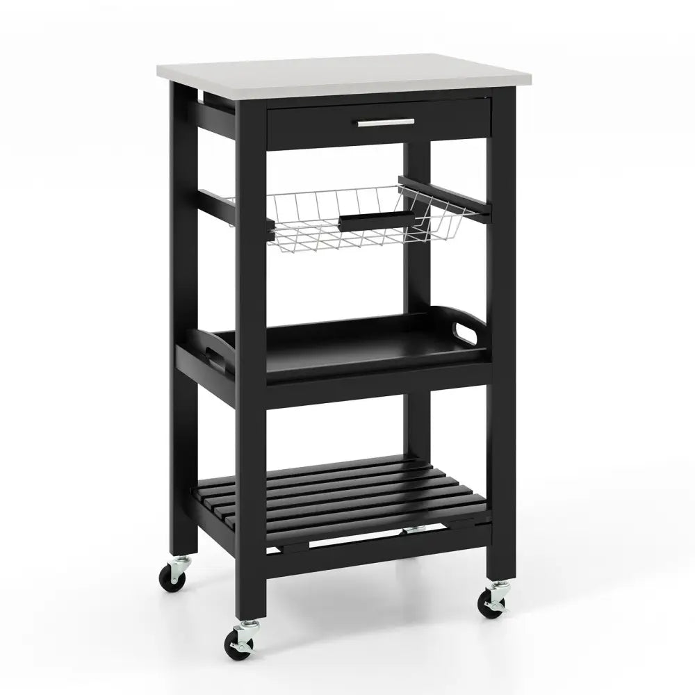 Kitchen Island Cart with Stainless Steel Tabletop and Basket-Black - Black - Kitchen Islands & Carts