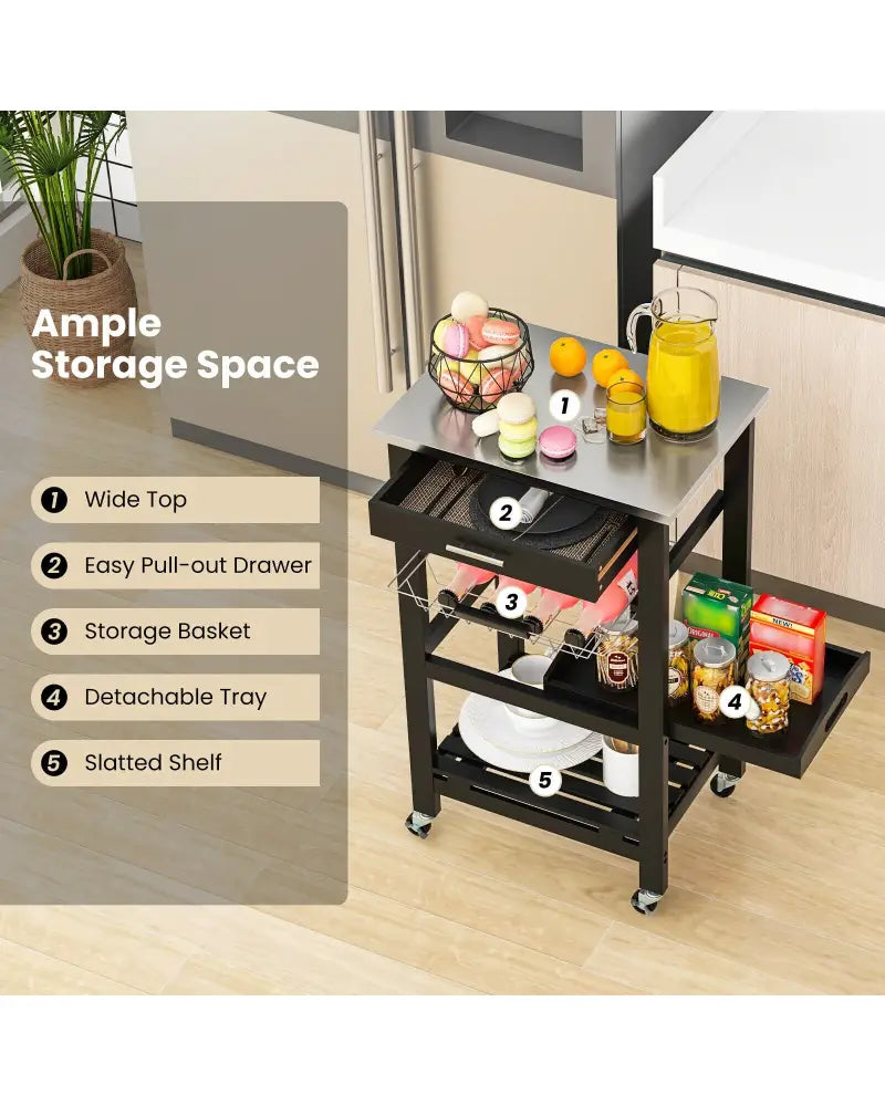 Kitchen Island Cart with Stainless Steel Tabletop and Basket-Black - Black - Kitchen Islands & Carts