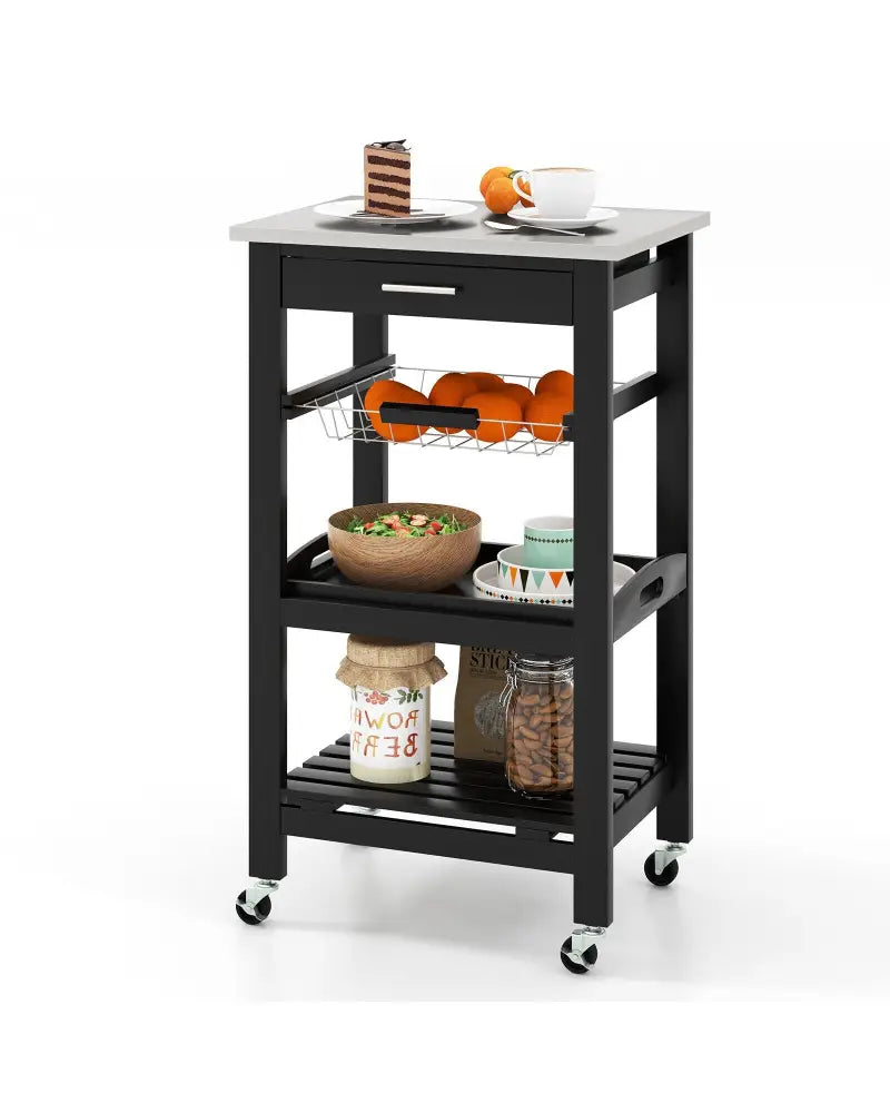 Kitchen Island Cart with Stainless Steel Tabletop and Basket-Black - Black - Kitchen Islands & Carts
