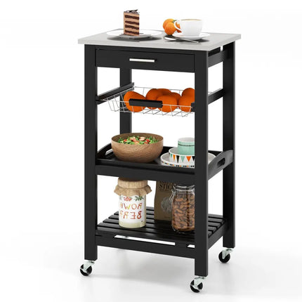 Kitchen Island Cart with Stainless Steel Tabletop and Basket-Black - Black - Kitchen Islands & Carts