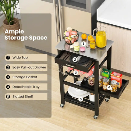 Kitchen Island Cart with Stainless Steel Tabletop and Basket-Black - Black - Kitchen Islands & Carts