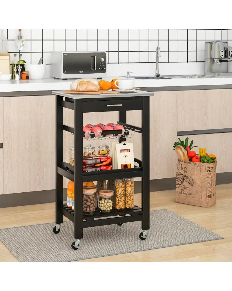 Kitchen Island Cart with Stainless Steel Tabletop and Basket-Black - Black - Kitchen Islands & Carts