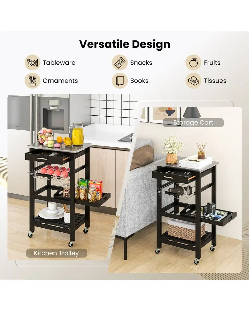 Kitchen Island Cart with Stainless Steel Tabletop and Basket-Black - Black - Kitchen Islands & Carts