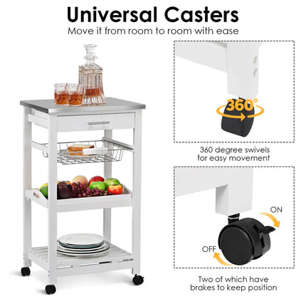 Kitchen Island Cart with Stainless Steel Tabletop and Basket-White - White - Kitchen Islands & Carts