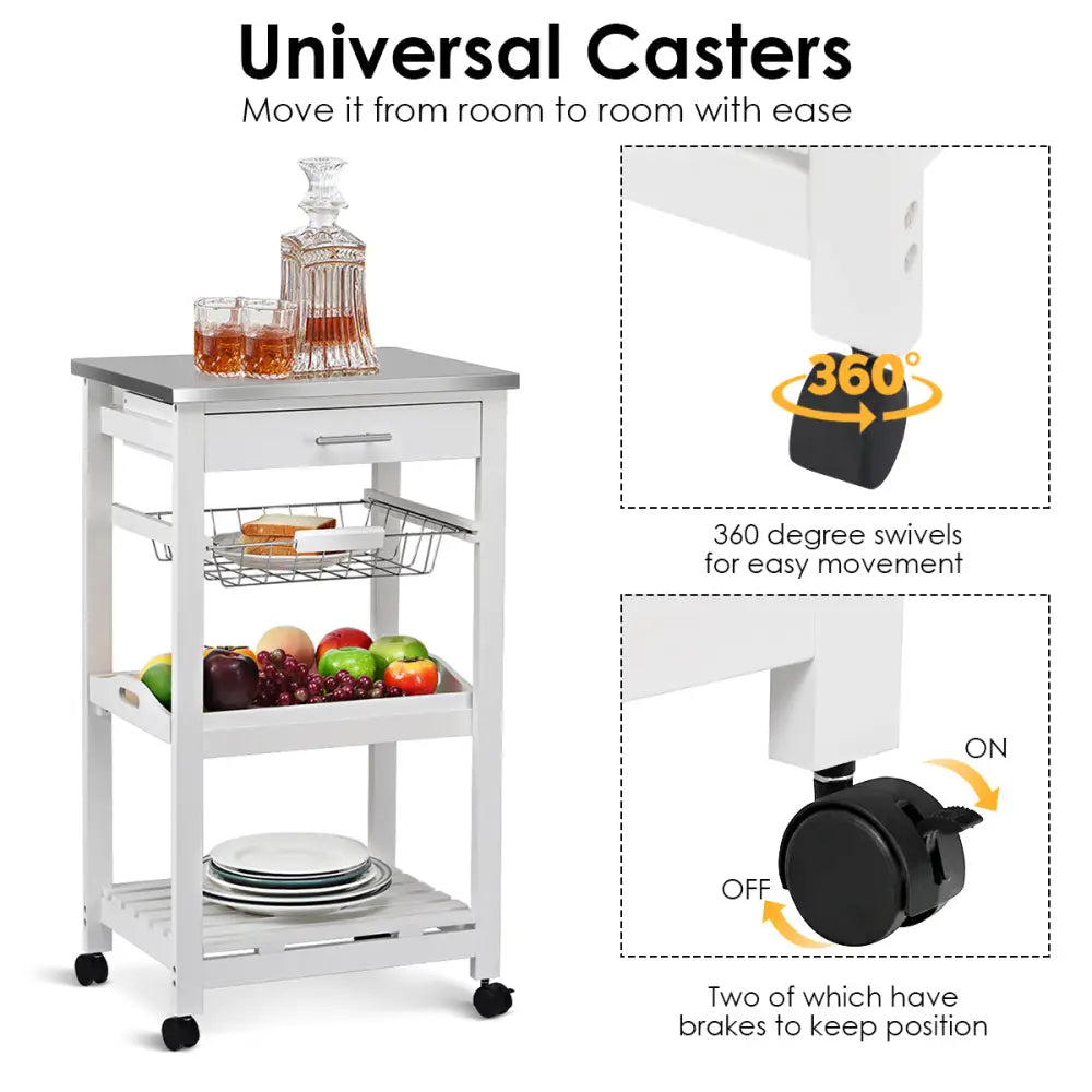 Kitchen Island Cart with Stainless Steel Tabletop and Basket-White - White - Kitchen Islands & Carts