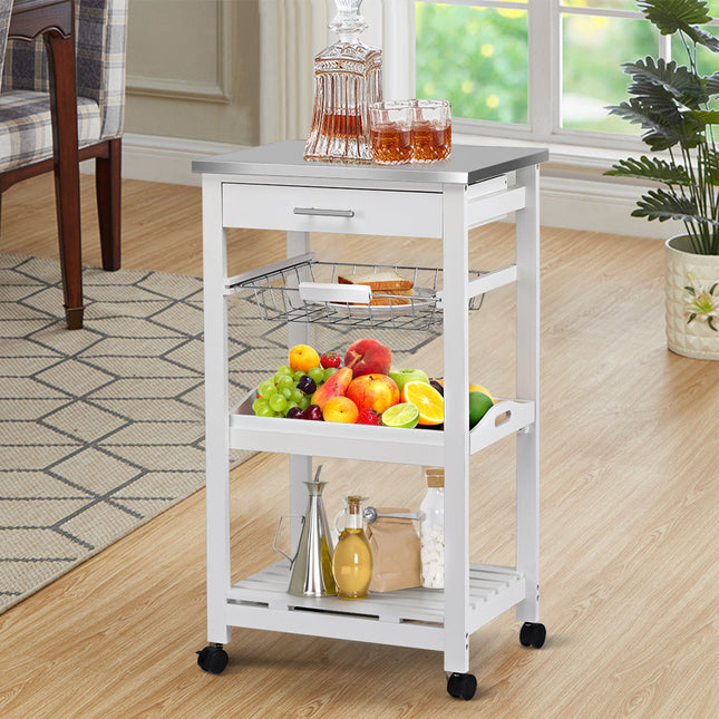 Kitchen Island Cart with Stainless Steel Tabletop and Basket-White - White - Kitchen Islands & Carts