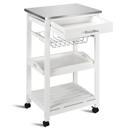 Kitchen Island Cart with Stainless Steel Tabletop and Basket-White - White - Kitchen Islands & Carts