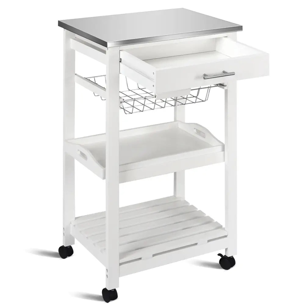 Kitchen Island Cart with Stainless Steel Tabletop and Basket-White - White - Kitchen Islands & Carts