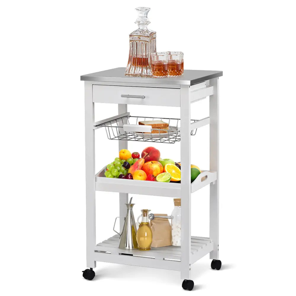 Kitchen Island Cart with Stainless Steel Tabletop and Basket-White - White - Kitchen Islands & Carts