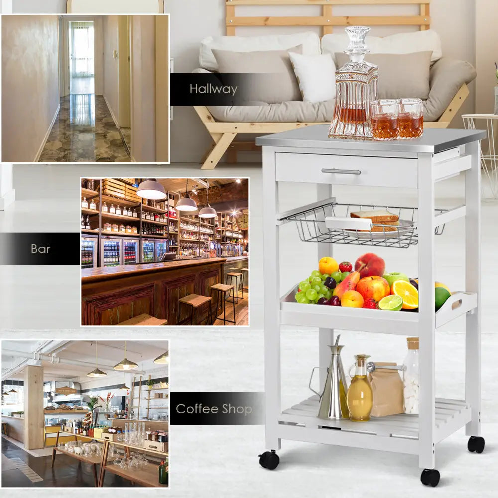 Kitchen Island Cart with Stainless Steel Tabletop and Basket-White - White - Kitchen Islands & Carts