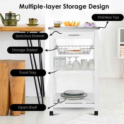 Kitchen Island Cart with Stainless Steel Tabletop and Basket-White - White - Kitchen Islands & Carts