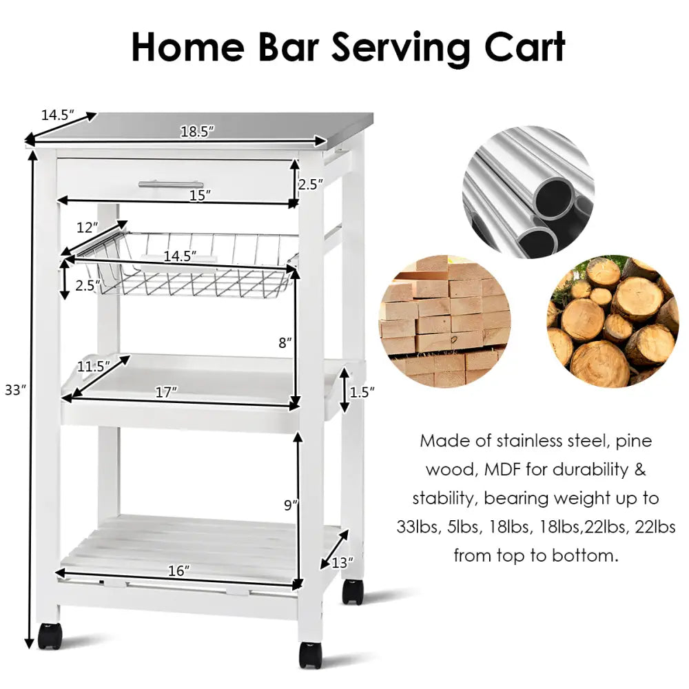 Kitchen Island Cart with Stainless Steel Tabletop and Basket-White - White - Kitchen Islands & Carts