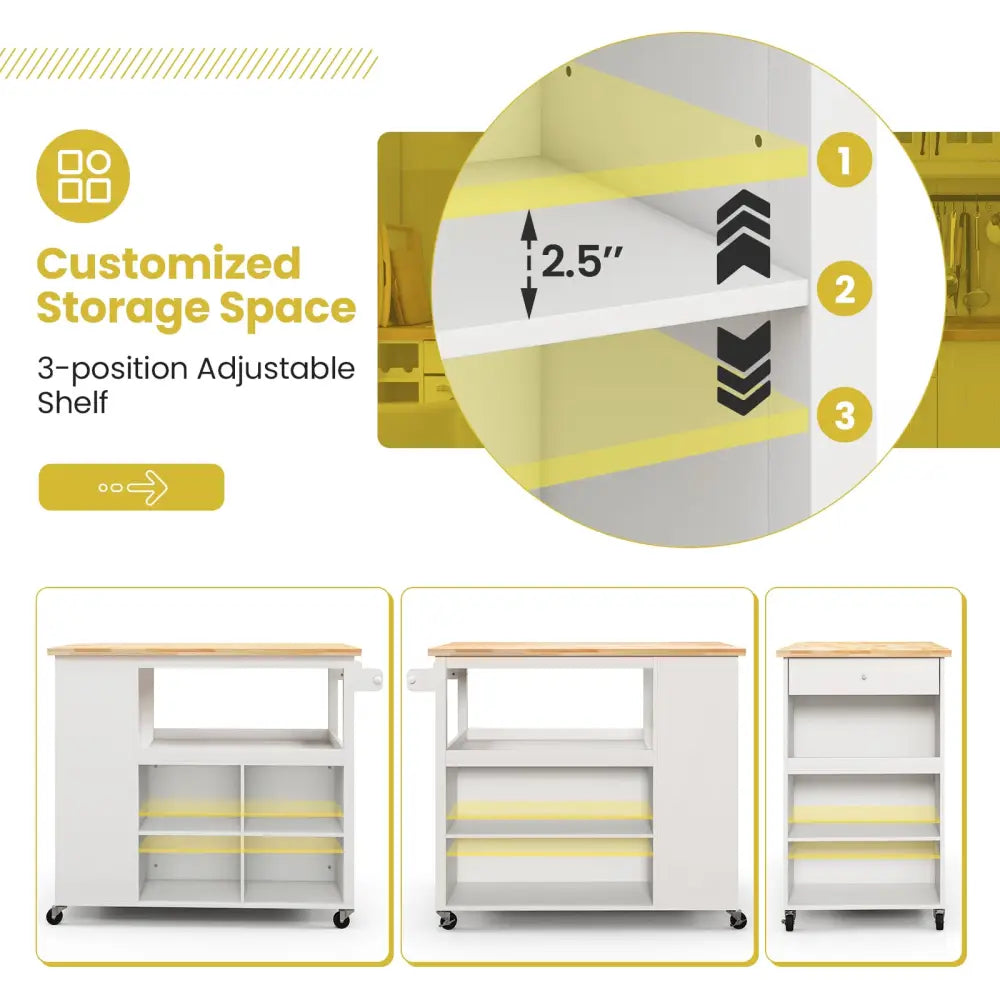 Kitchen Island Trolley Cart on Wheels with Storage Open Shelves and Drawer-White - White - Kitchen Islands & Carts