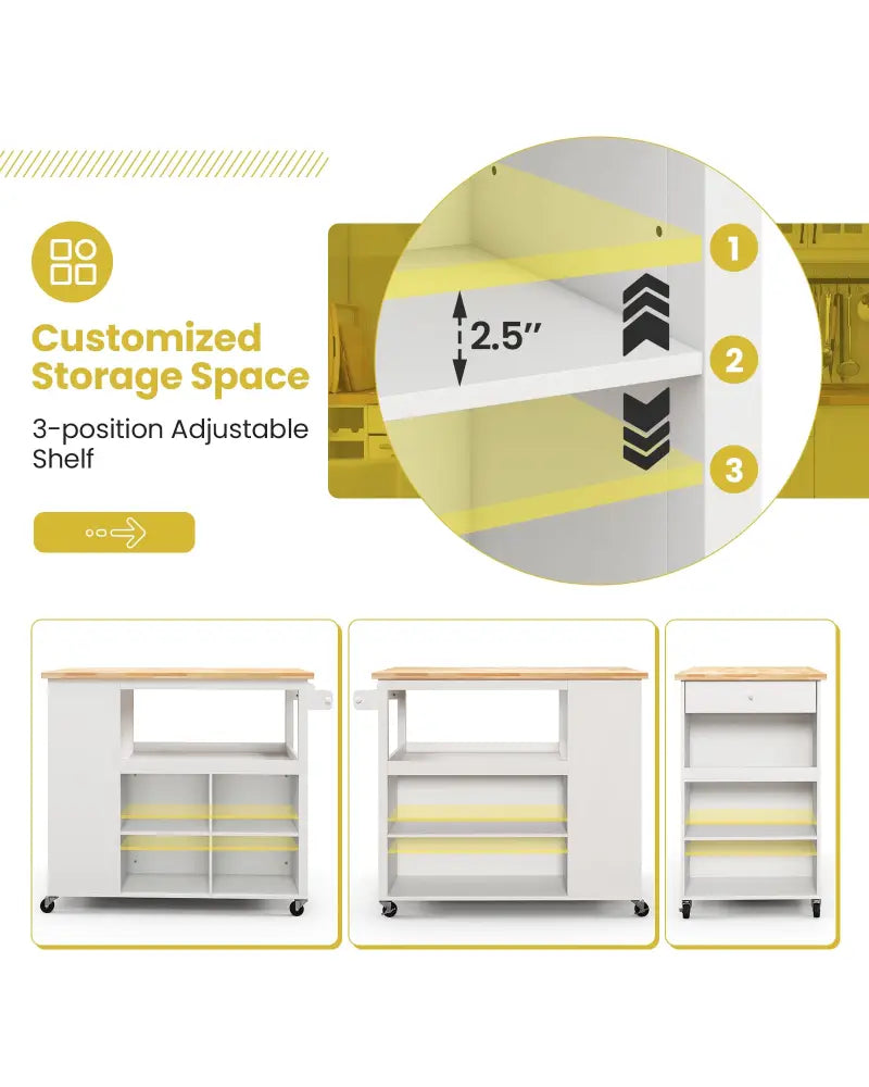 Kitchen Island Trolley Cart on Wheels with Storage Open Shelves and Drawer-White - White - Kitchen Islands & Carts