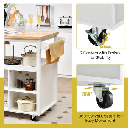 Kitchen Island Trolley Cart on Wheels with Storage Open Shelves and Drawer-White - White - Kitchen Islands & Carts