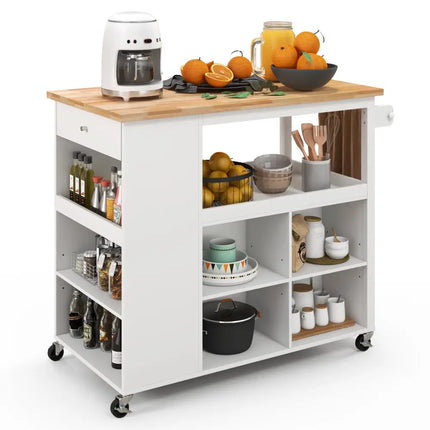 Kitchen Island Trolley Cart on Wheels with Storage Open Shelves and Drawer-White - White - Kitchen Islands & Carts