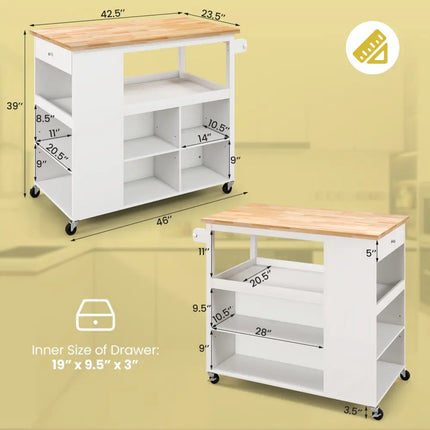 Kitchen Island Trolley Cart on Wheels with Storage Open Shelves and Drawer-White - White - Kitchen Islands & Carts
