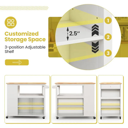 Kitchen Island Trolley Cart on Wheels with Storage Open Shelves and Drawer-White - White - Kitchen Islands & Carts