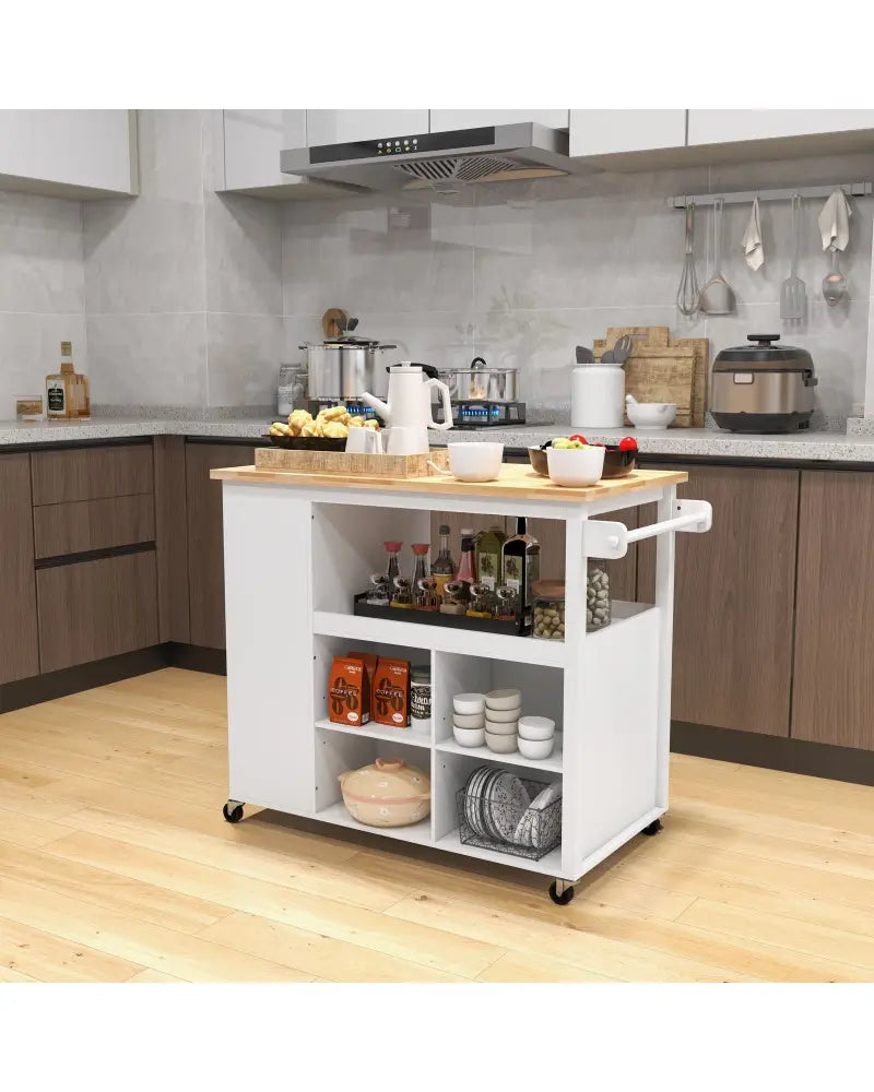 Kitchen Island Trolley Cart on Wheels with Storage Open Shelves and Drawer-White - White - Kitchen Islands & Carts